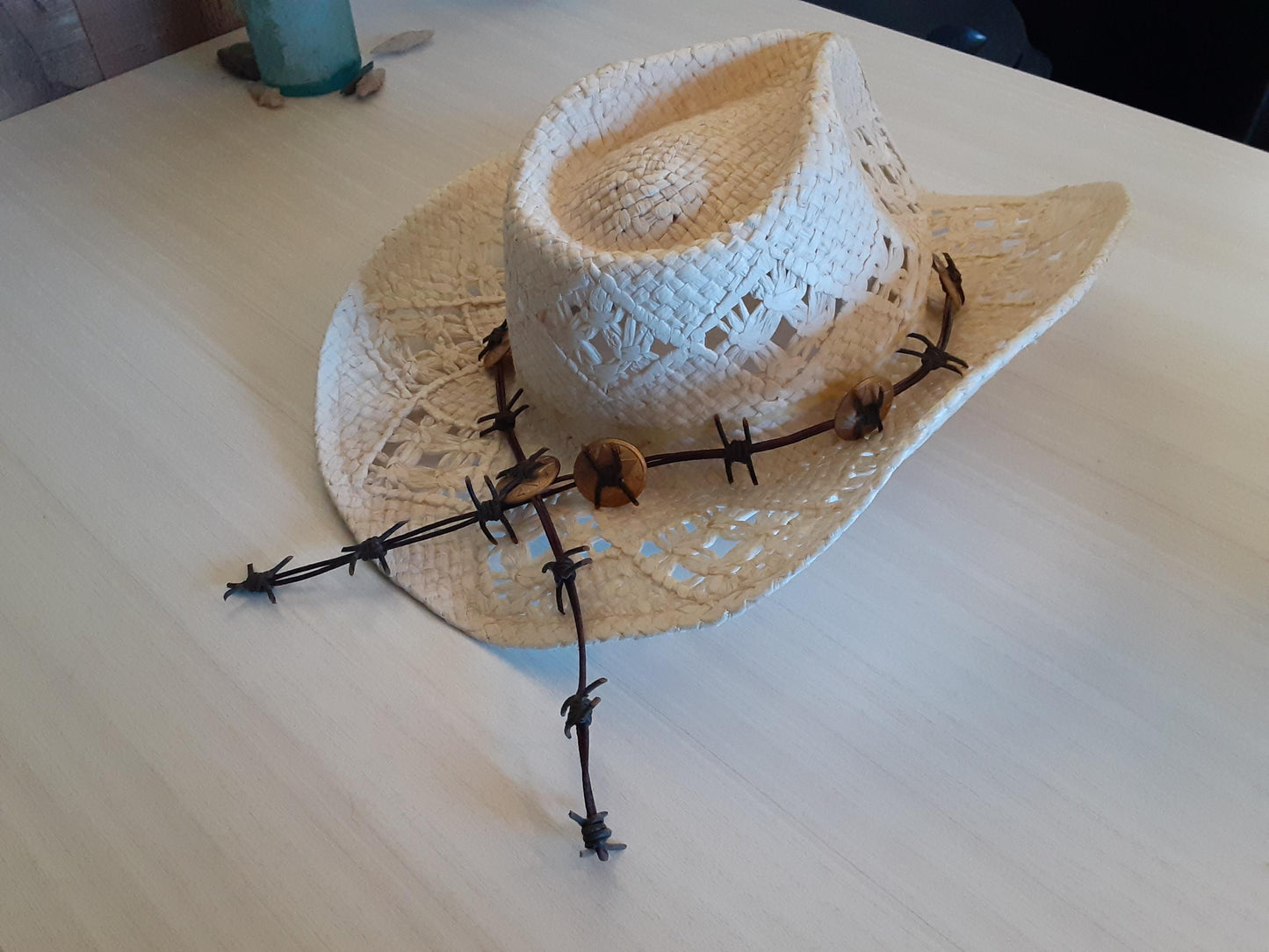 Barb Wire Leather Cowboy Hat Band With Brass Conchas
