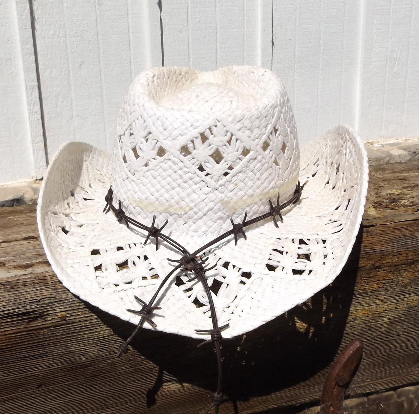 Barb Wire Leather Cowboy Hat Band With Silver Armadillo Concho