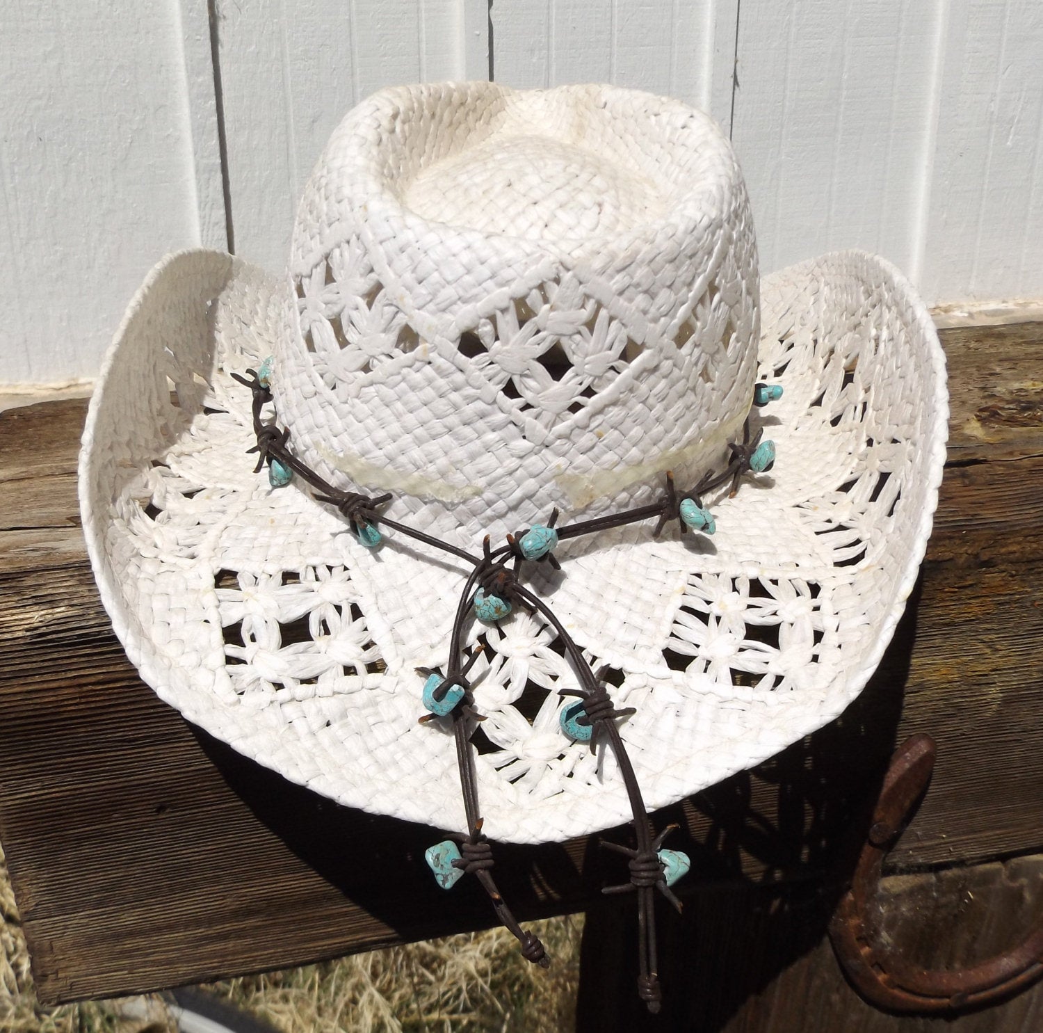 Turquoise and Barb Wire Leather Cowboy Hat Band <script  src=  type=text/javascript