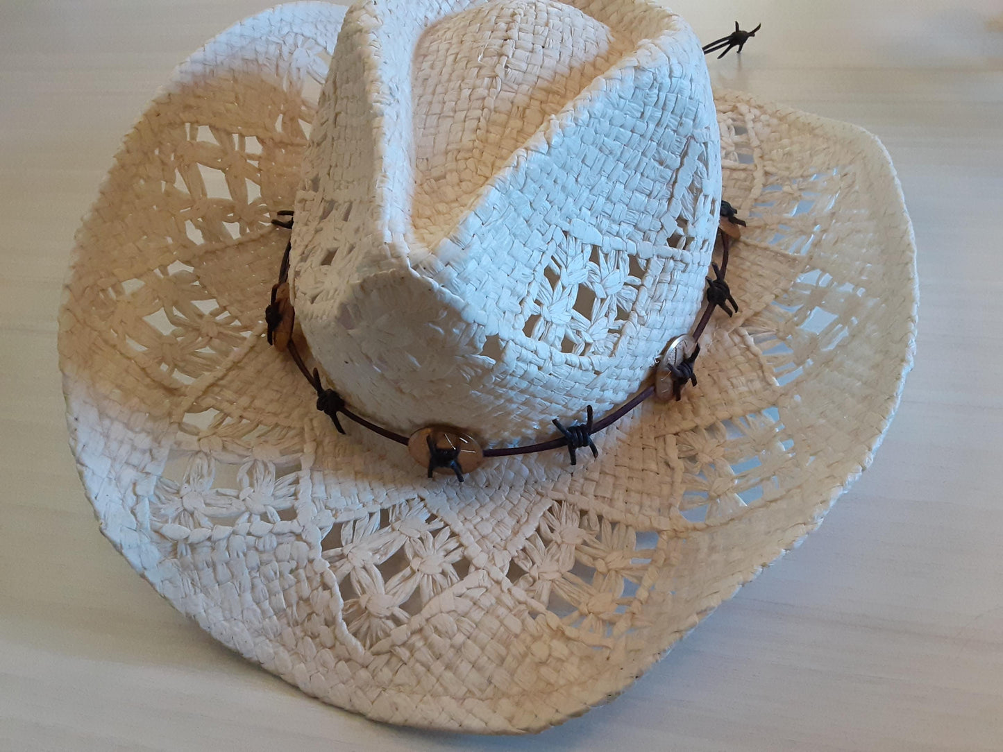 Barb Wire Leather Cowboy Hat Band With Brass Conchas