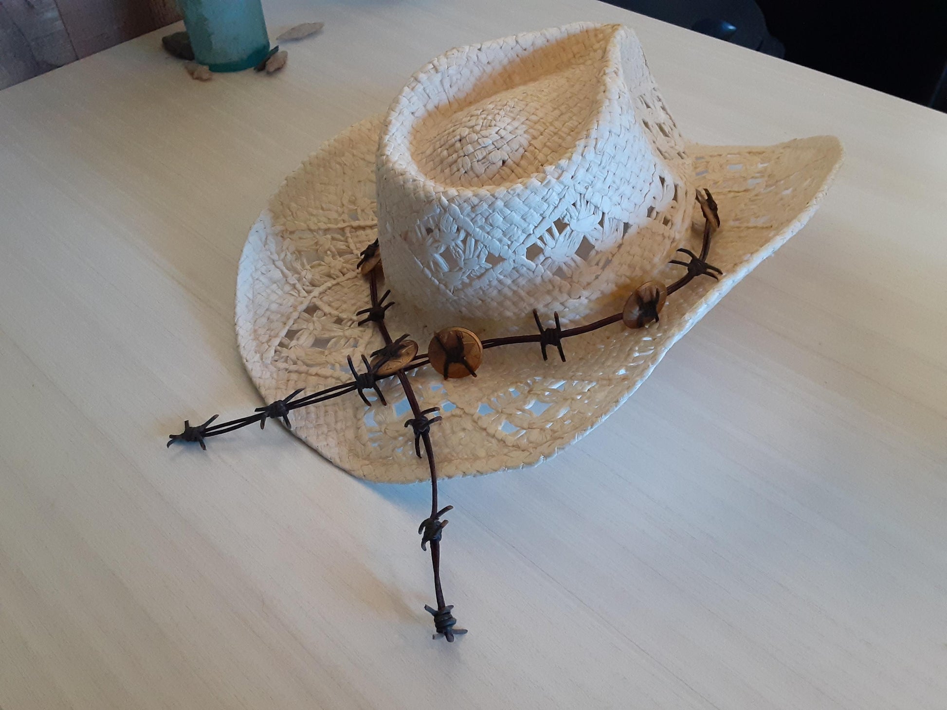 Barb Wire Leather Cowboy Hat Band With Brass Conchas <script  src=  type=text