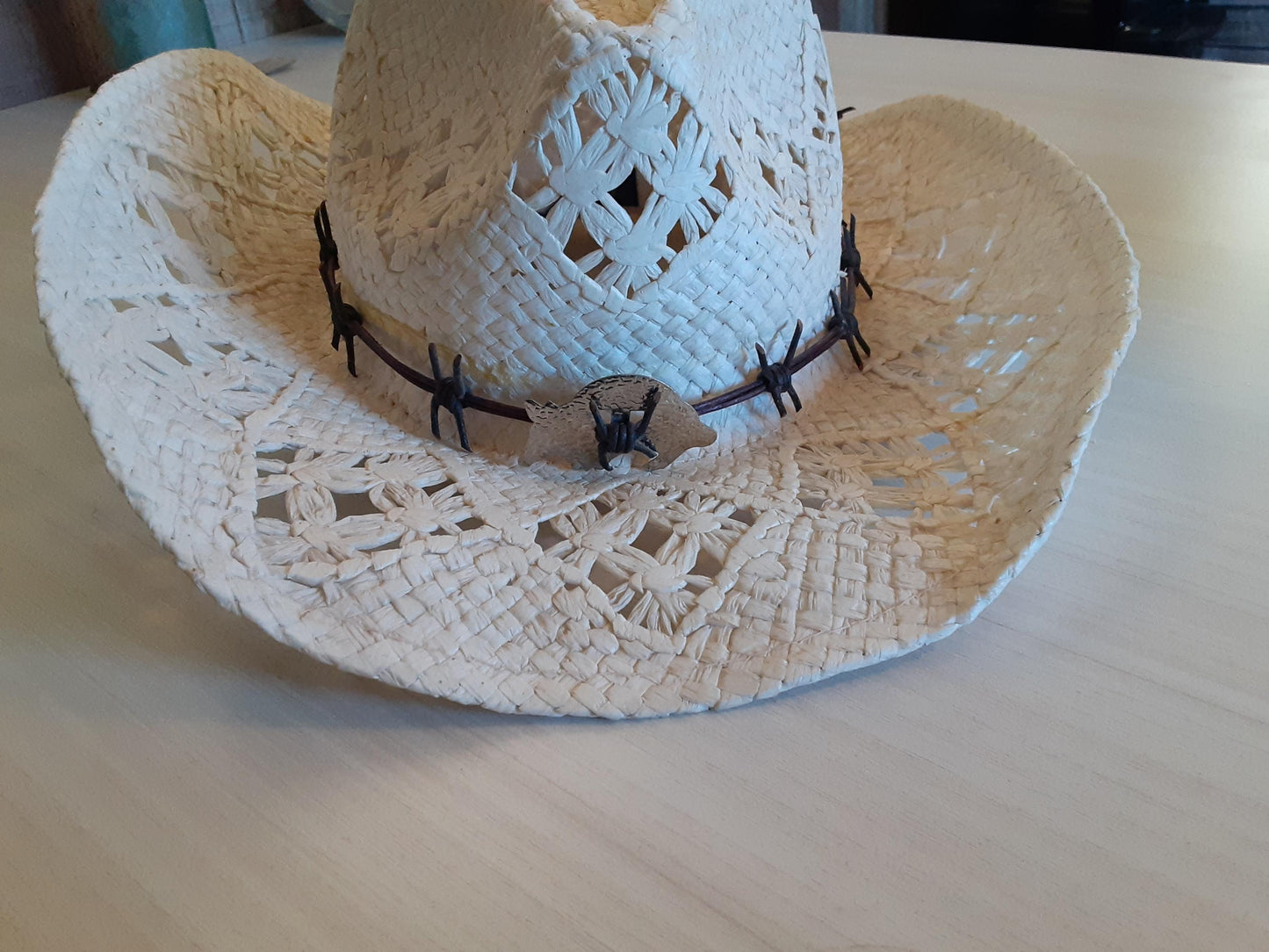 Barb Wire Leather Cowboy Hat Band With Silver Armadillo Concho