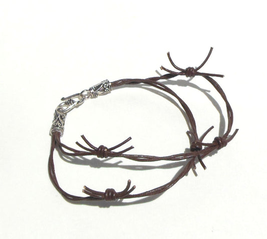 Leather Barb Wire Bracelet, Southwestern Boho Style