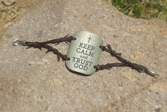 Keep Calm and Trust God Scripture Leather Barb Wire Bracelet