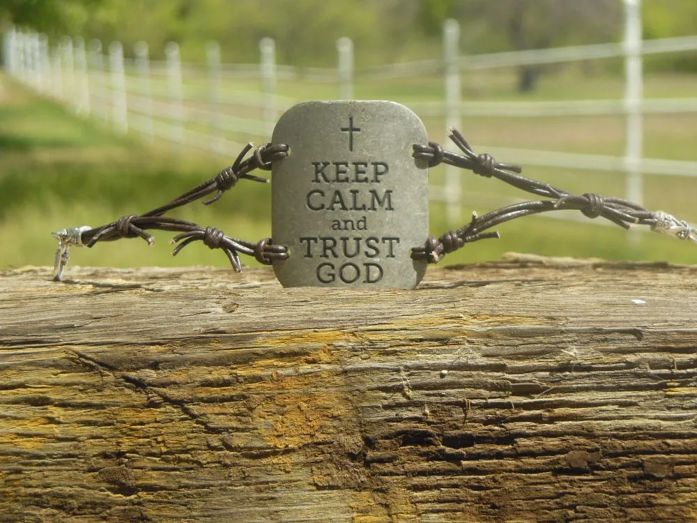 Keep Calm and Trust God Scripture Leather Barb Wire Bracelet